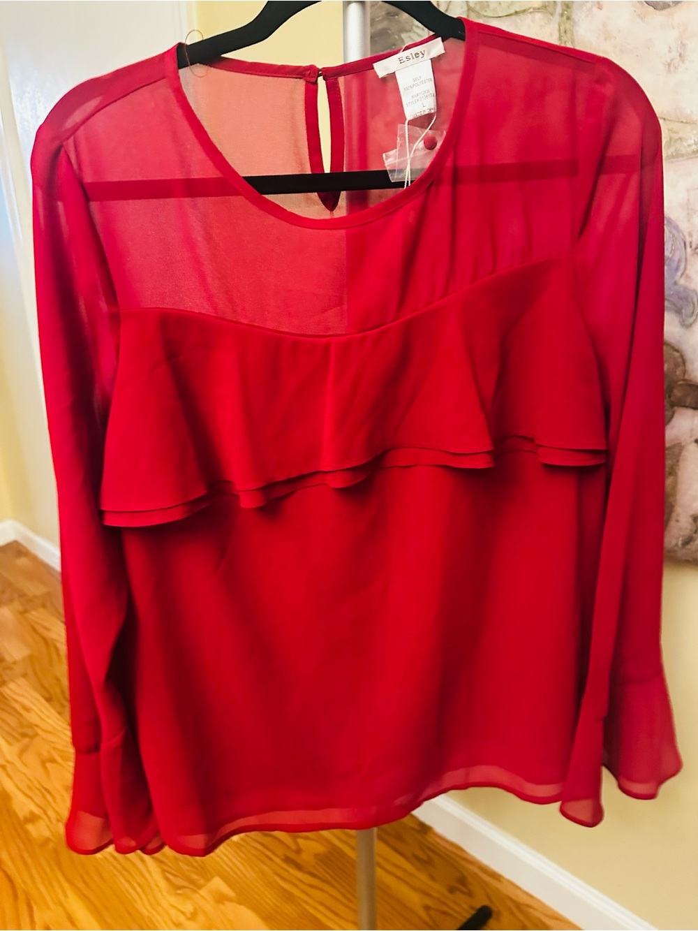 Esley Bright Red Ruffle-Front Sheer Long-Sleeve Blouse